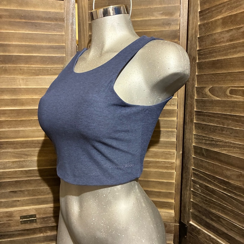 Outdoor Voices Sports Bra Blue Crop Top Low Cut Back Minimalist Athletic Sporty